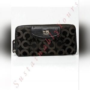 Coach Black & Brown Signature Zip Around Wallet Leather Trim Excellent Condition